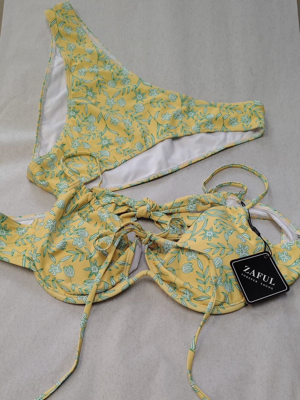 Zaful Yellow Green Floral Tie Front Bikini Set